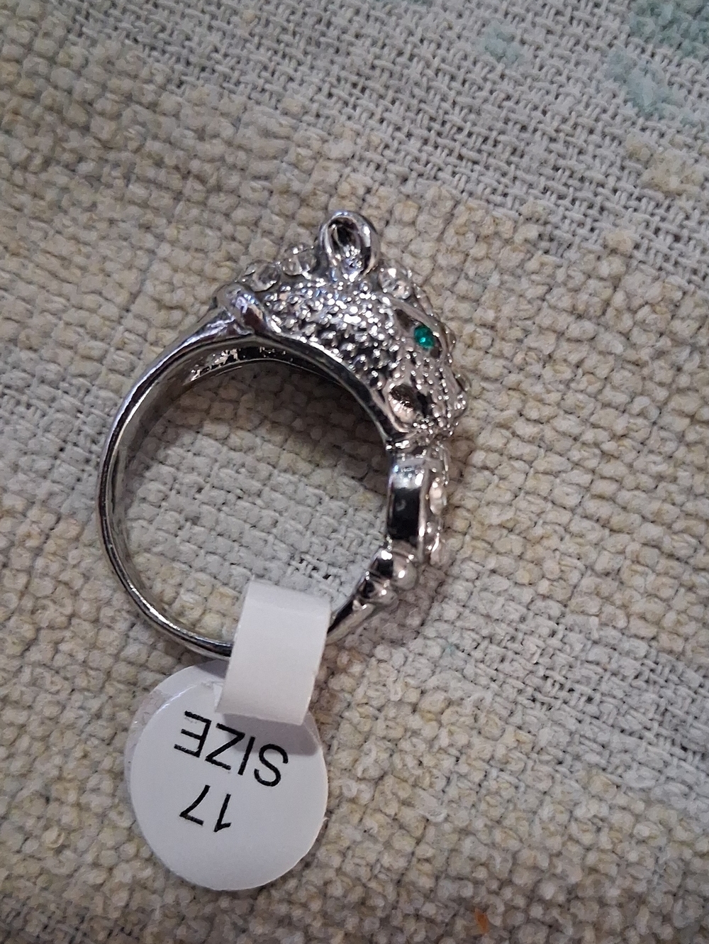 Silver Leopard Head Ring with Green Eyes